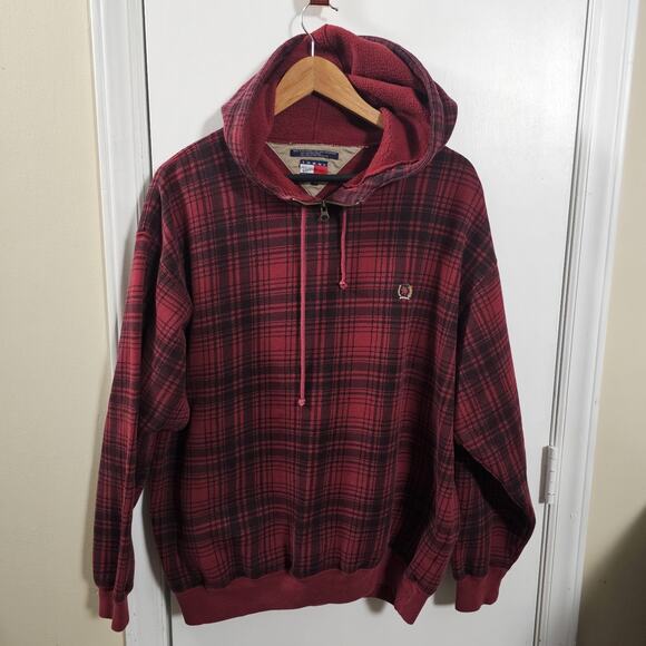 VTG Tommy Hilfiger Hoodie Mens Sz M Red Plaid Sweatshirt 90s Y2K Skater Grunge - Picture 1 of 5
